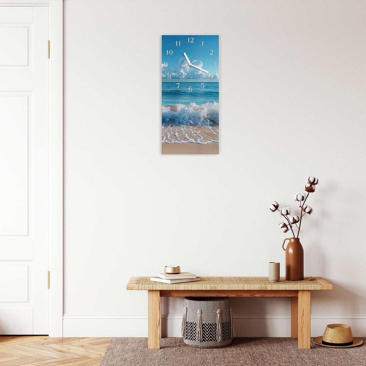 Moderne Wanduhr aus Glas mit Farbtiefe – Wanduhr Meereswellen aus Glas – Hochformat 30 × 60 cm