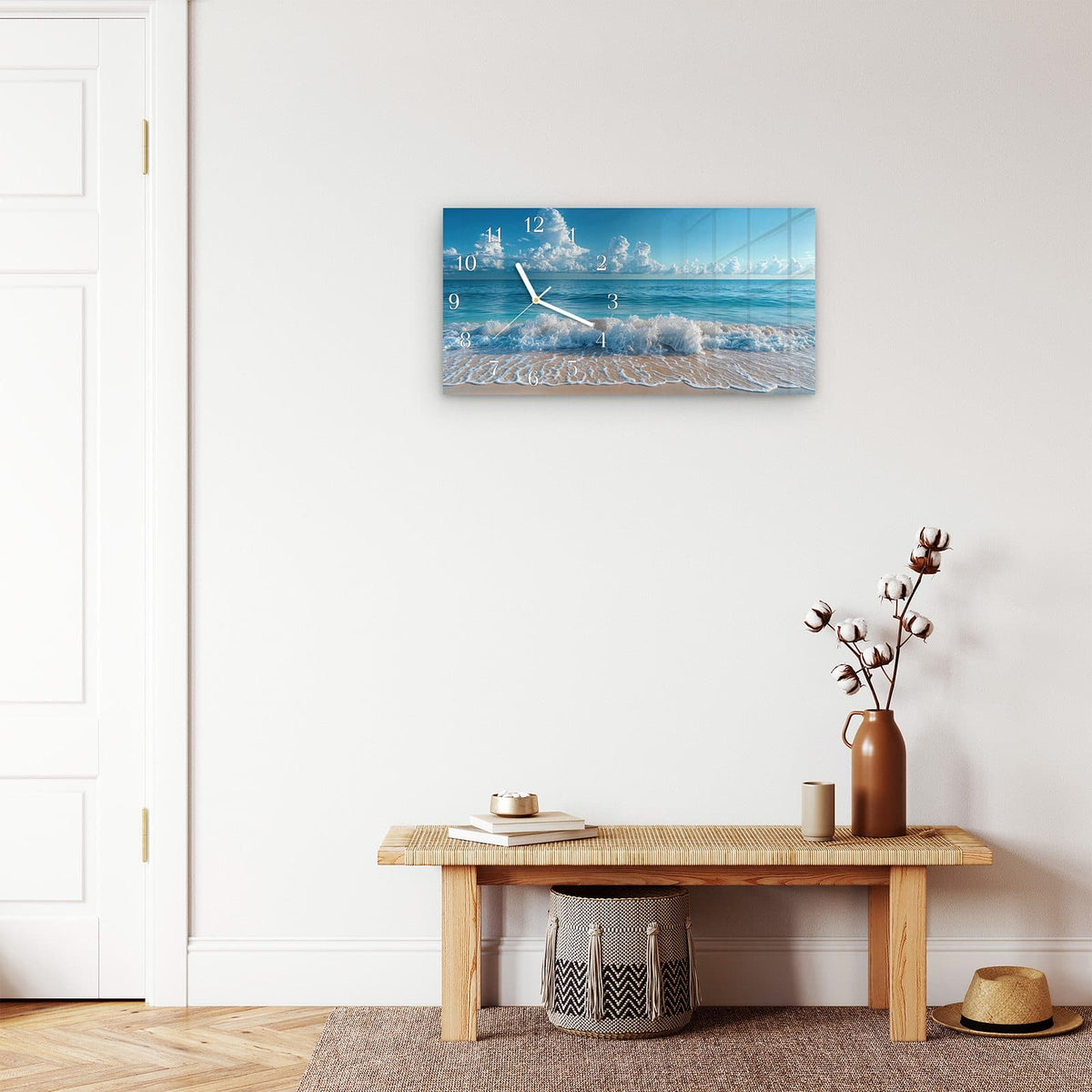 Moderne Wanduhr aus Glas mit Farbtiefe – Wanduhr Meereswellen aus Glas – Querformat 60 × 30 cm