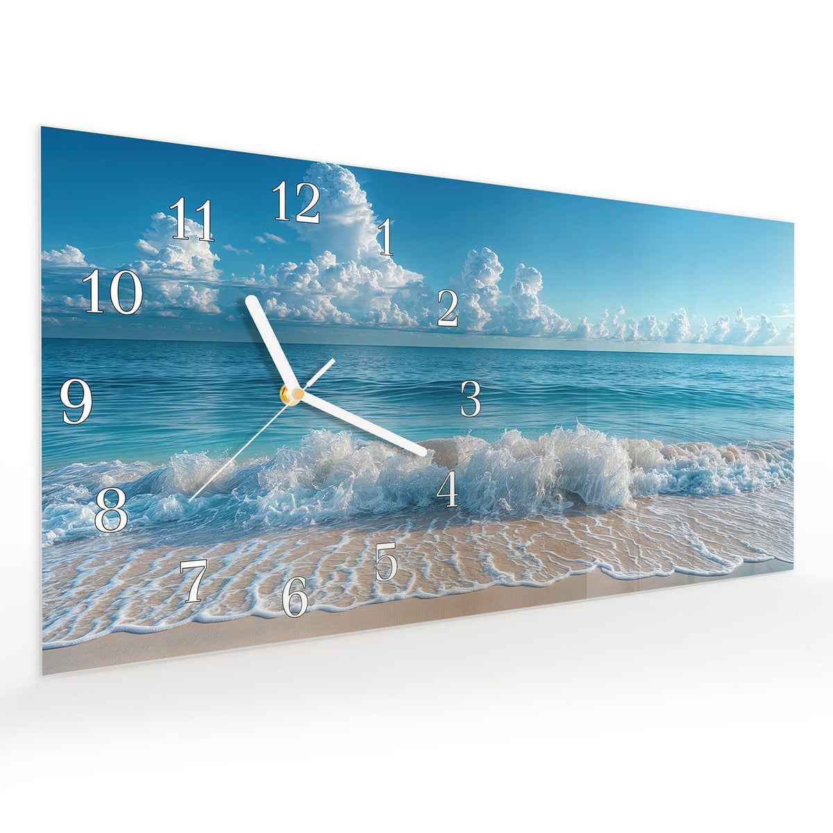 Vormontiert – mit Schwebeeffekt – Wanduhr Meereswellen aus Glas – Querformat 60 × 30 cm
