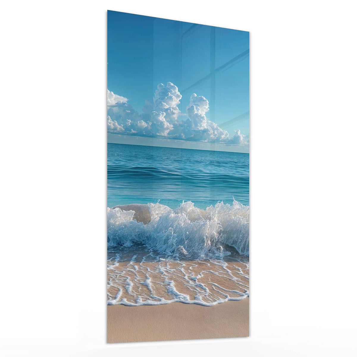 Glasbild Brandung unter Wolken von der Seite, 4 mm Echtglas