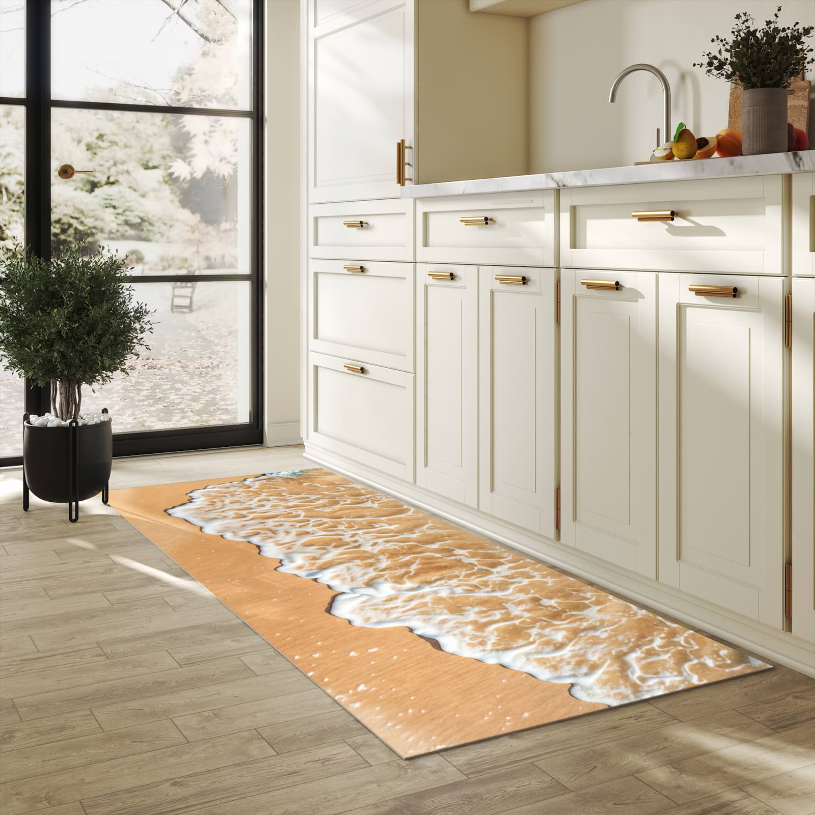 Wasserabweisender rutschfester Küchenläufer mit Motiv Ozeanwellenstrand in heller Küche