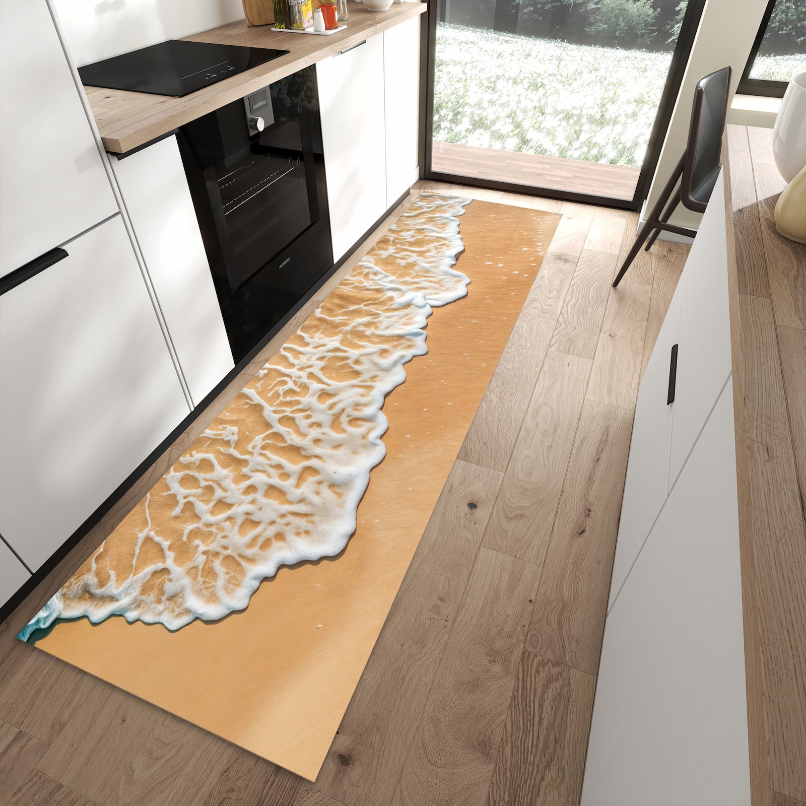 Rutschfester Küchenteppich mit Motiv Ozeanwellenstrand in moderner Küche