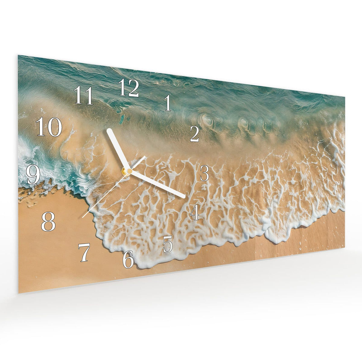 Vormontiert – mit Schwebeeffekt – Wanduhr Ozeanwellenstrand aus Glas – Querformat 60 × 30 cm