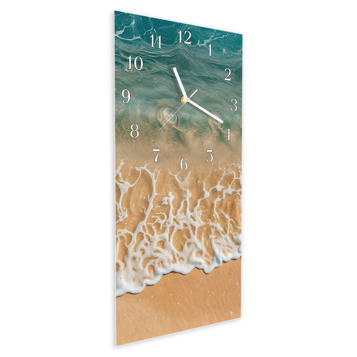 Vormontiert – mit Schwebeeffekt – Wanduhr Ozeanwellenstrand aus Glas – Hochformat 30 × 60 cm