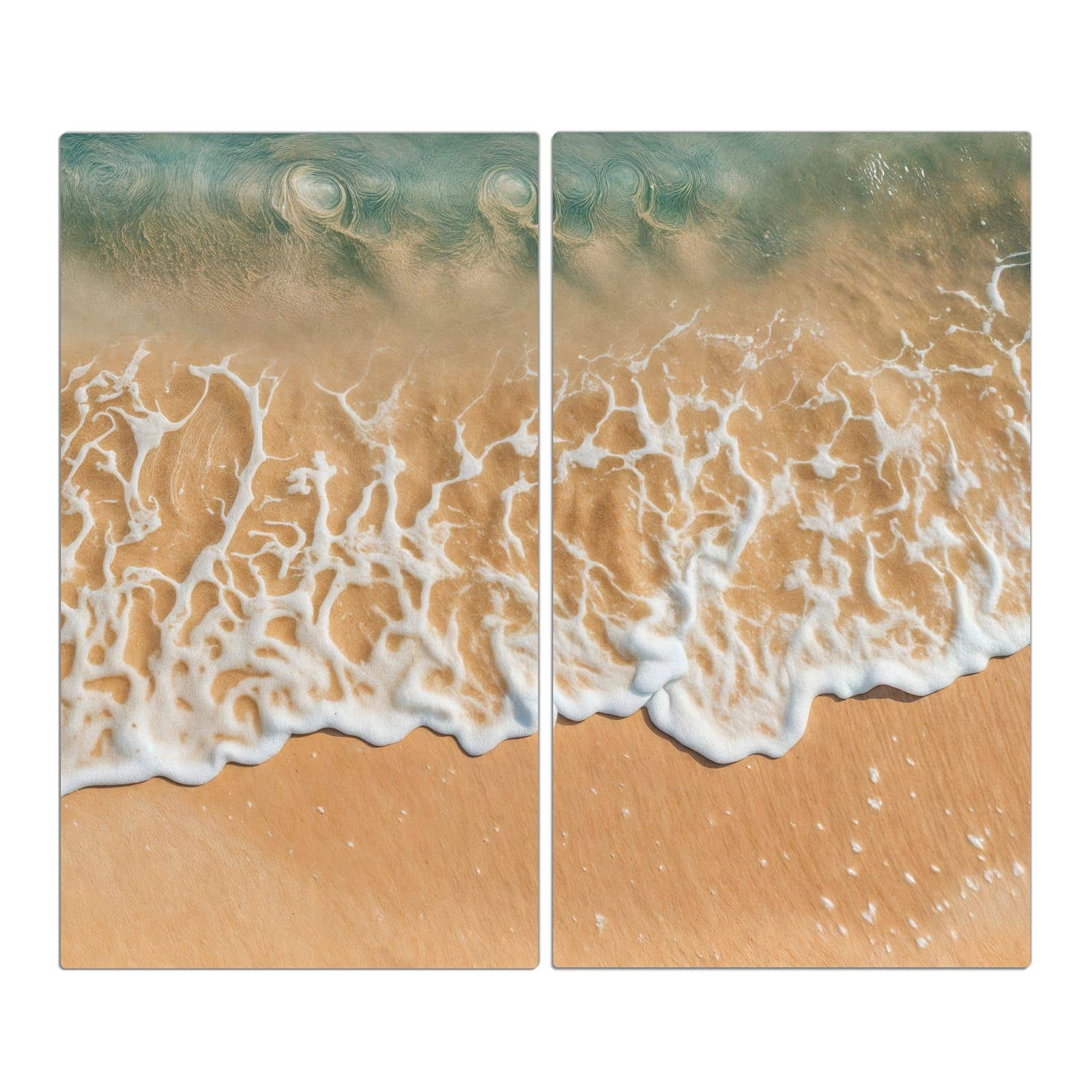 2-teilige Herdabdeckplatte aus Glas mit Ozeanwellenstrand-Motiv in der Frontansicht #grösse_2-Teilig (60x52cm)