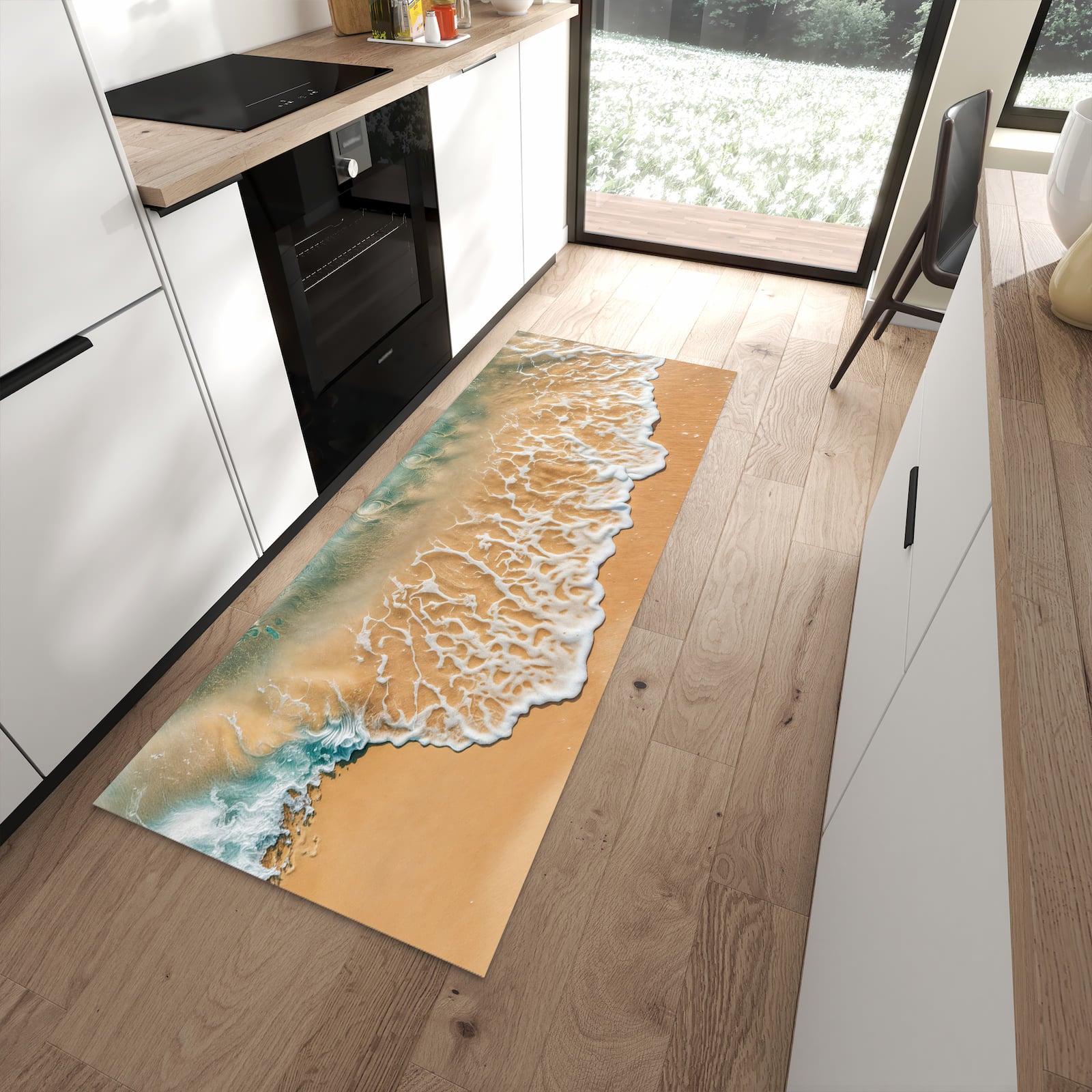 Langlebiger Küchenläufer mit Motiv Ozeanwellenstrand in moderner Küche