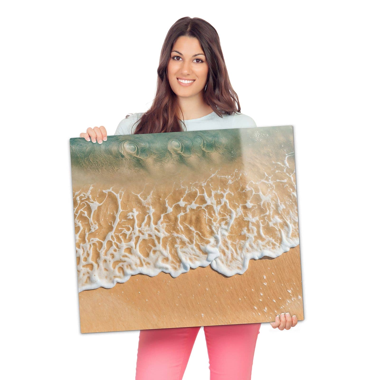 Herdabdeckung aus Holz mit Ozeanwellenstrand-Motiv wird zur Größendarstellung gehalten