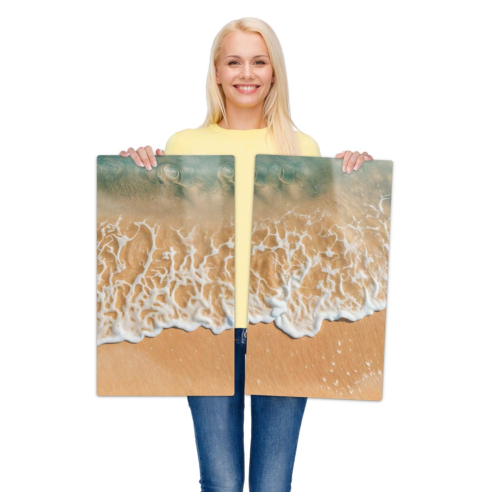 2-teilige Herdabdeckplatte aus Glas mit Ozeanwellenstrand-Motiv wird zur Größendarstellung gehalten