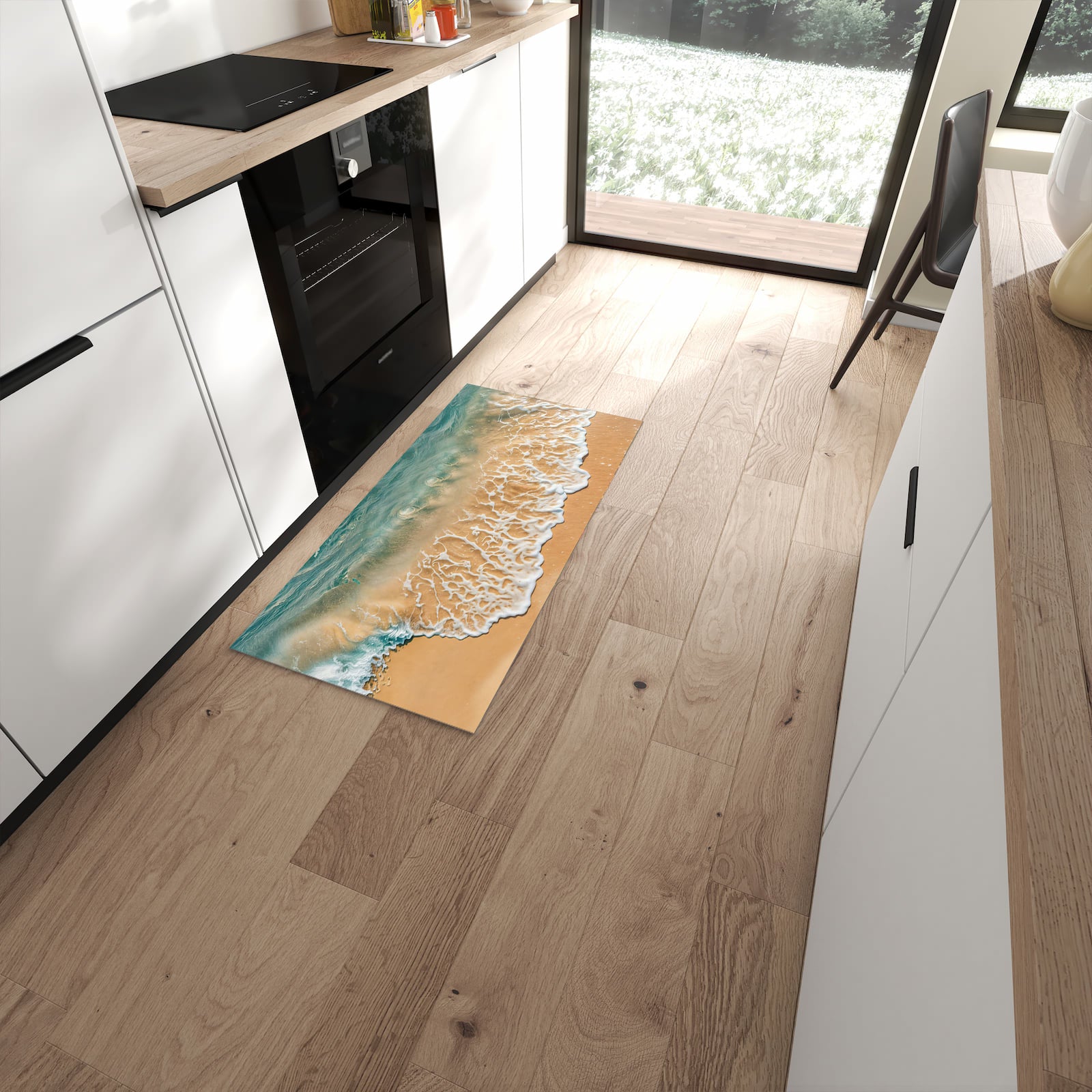 Abriebfester Küchenteppich mit Motiv Ozeanwellenstrand in moderner Küche #grösse_60 x 120 cm