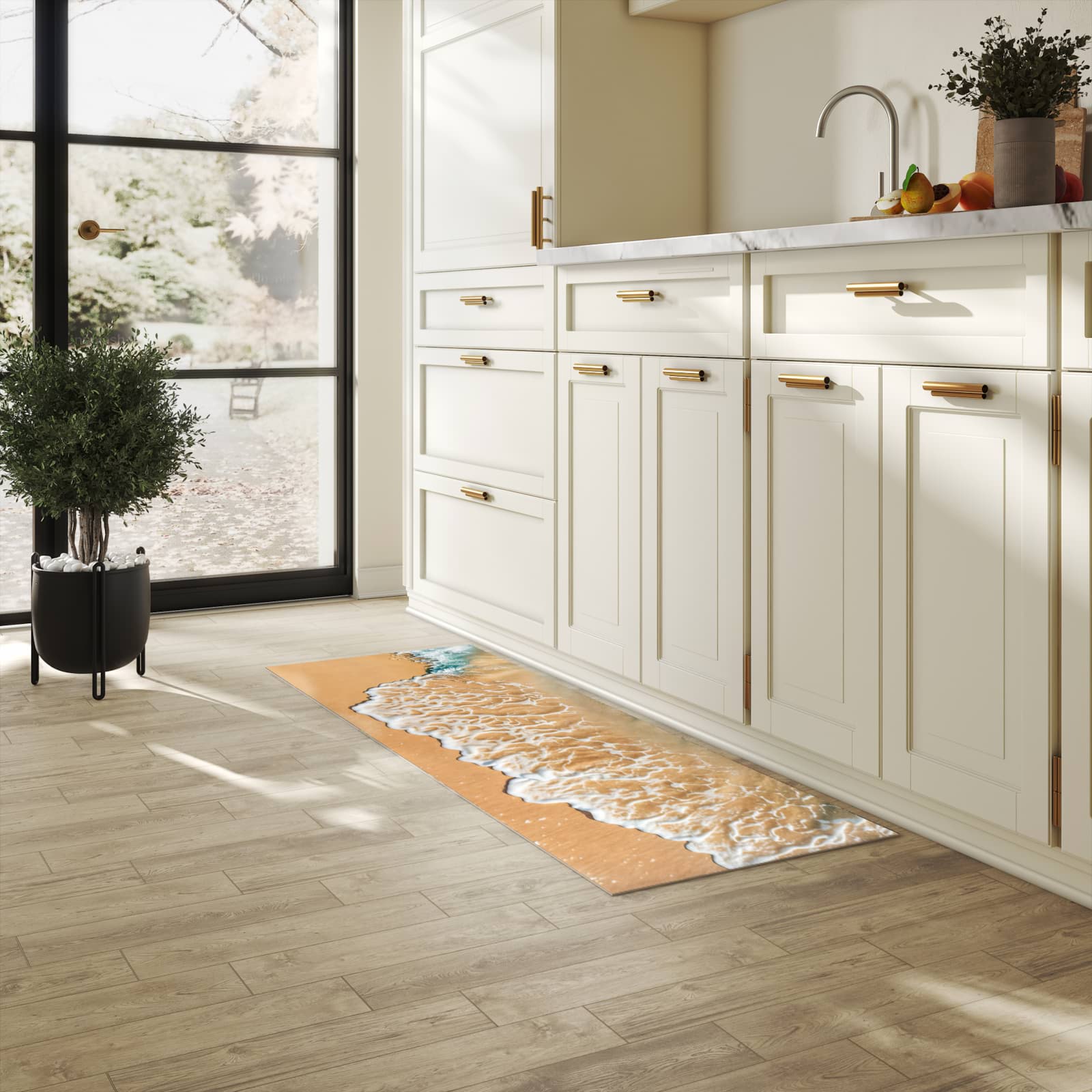 Küchenteppich mit Motiv Ozeanwellenstrand für Ordnung in heller Küche