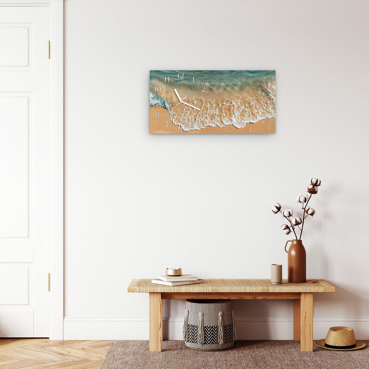 Moderne Wanduhr aus Glas mit Farbtiefe – Wanduhr Ozeanwellenstrand aus Glas – Querformat 60 × 30 cm
