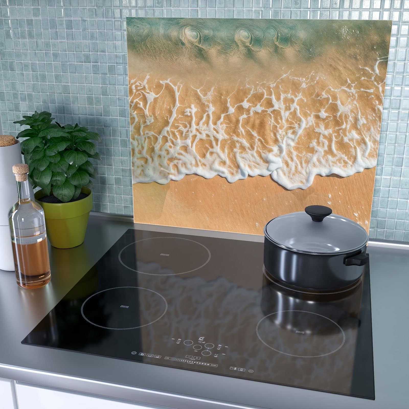 1-teilige Glasplatte für Herd mit Ozeanwellenstrand-Motiv als Spritzschutz hinter dem Kochfeld