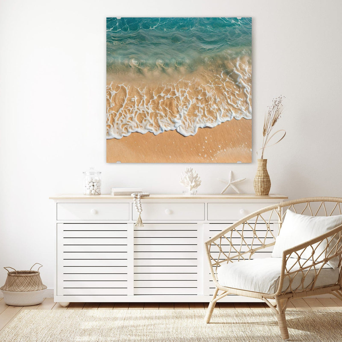Echtglas, 4 mm – kein Acryl, keine Folie – Wandbild - Meeresschaum auf Sand - Quadratisch