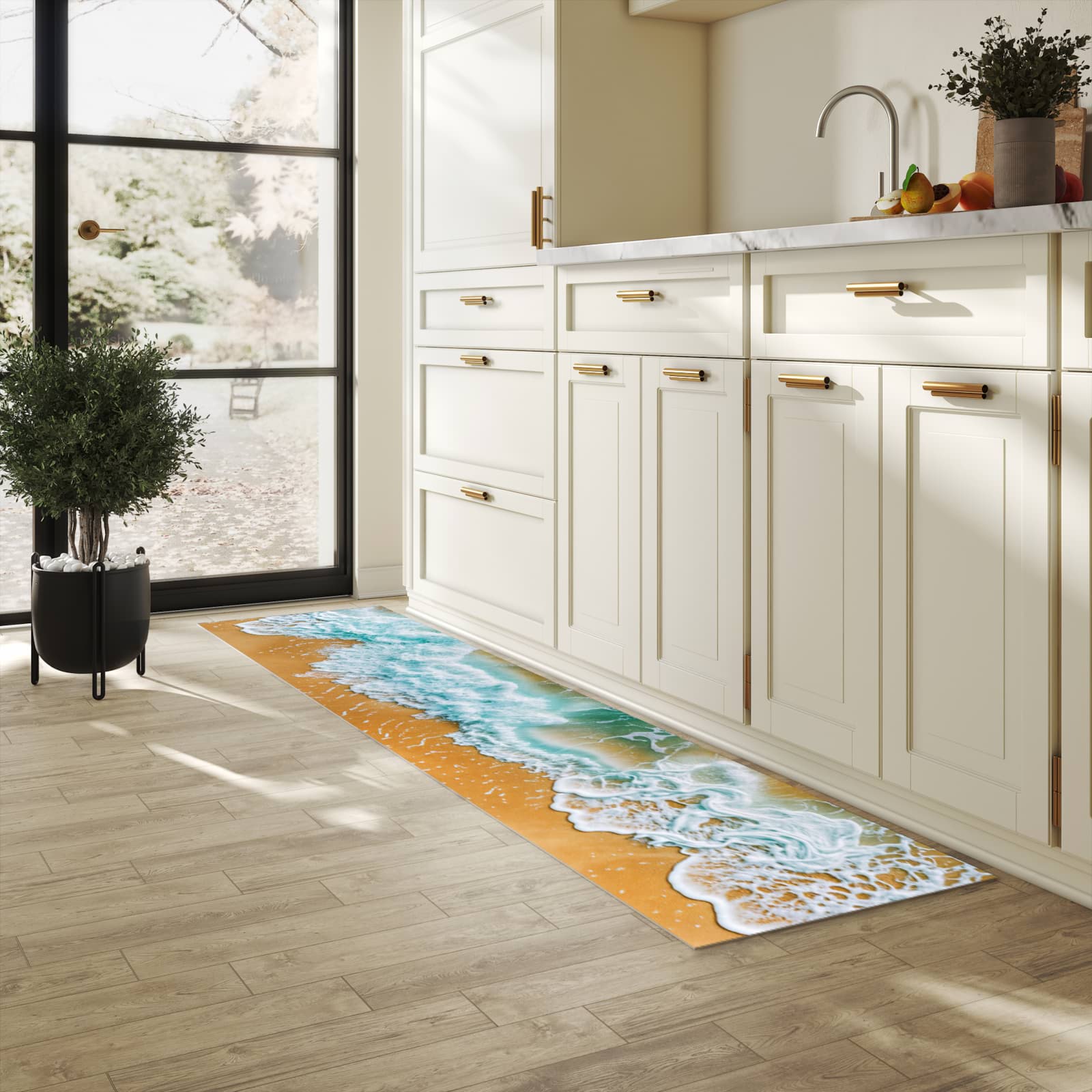 Komfortabler rutschfester Küchenteppich mit Motiv Meeresbrandung in heller Küche