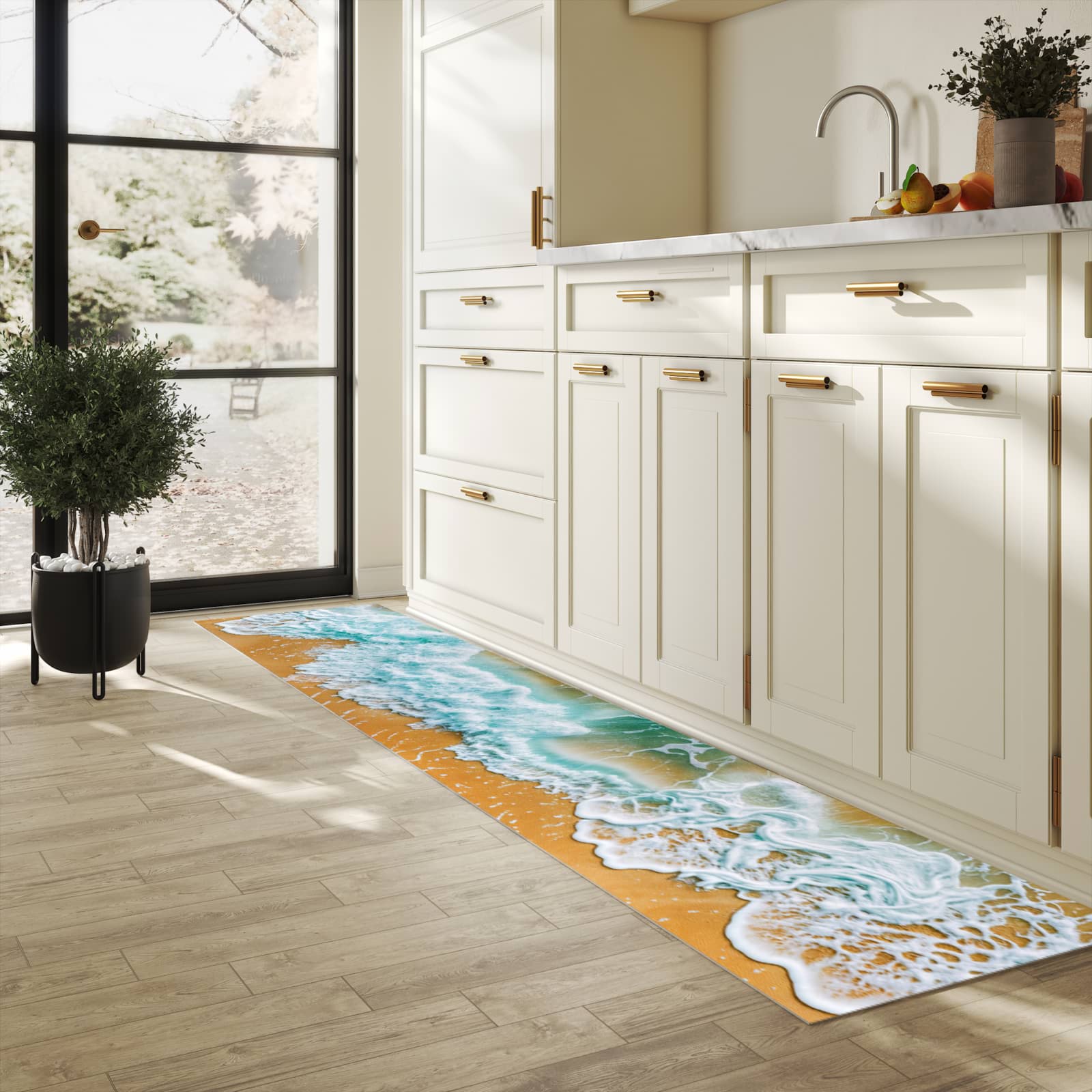 Rutschfester dünner Küchenteppich mit Motiv Meeresbrandung in heller Küche
