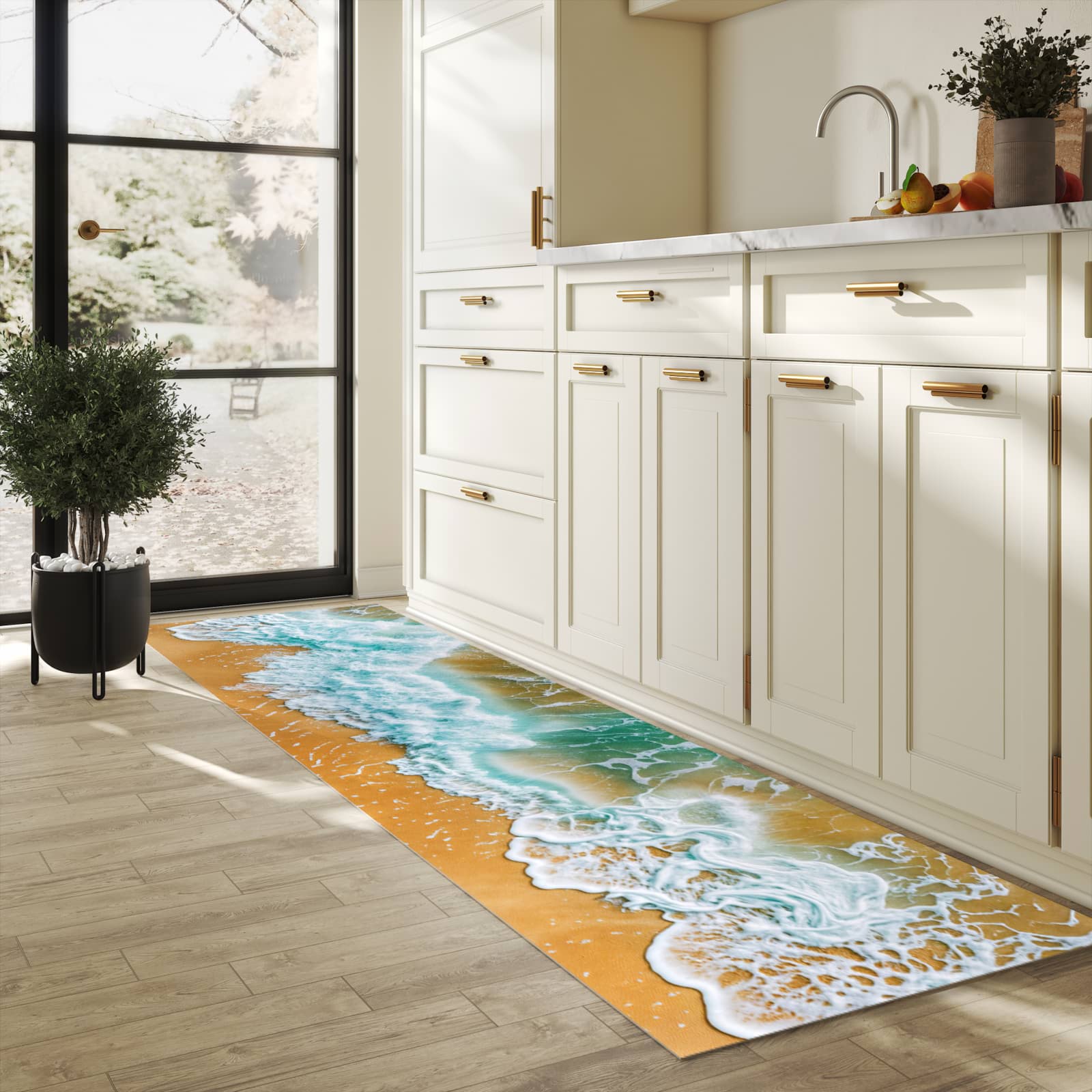 Waschbarer Bodenläufer Teppich mit Motiv Meeresbrandung in heller Küche