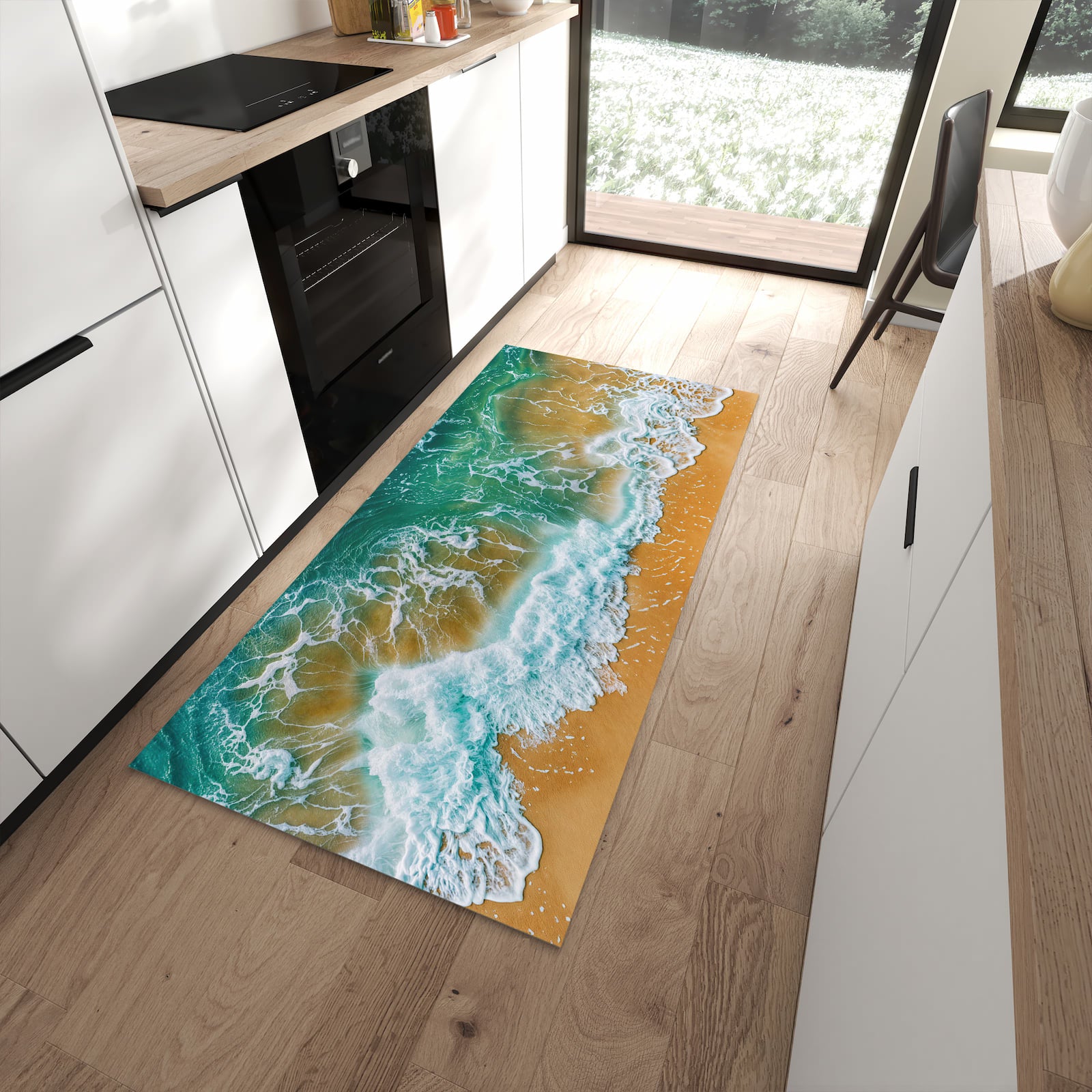Zeitsparender abwaschbarer Küchenteppich mit Motiv Meeresbrandung in moderner Küche