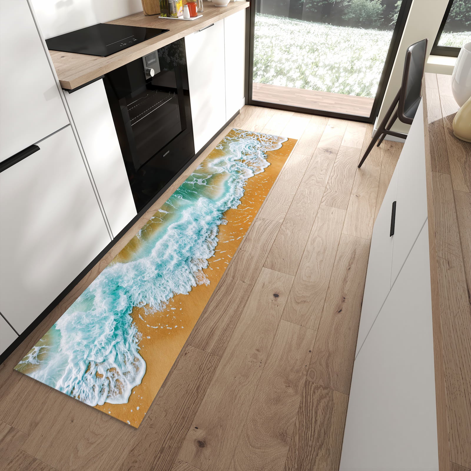 Rutschfester Küchenläufer mit Motiv Meeresbrandung in moderner Küche