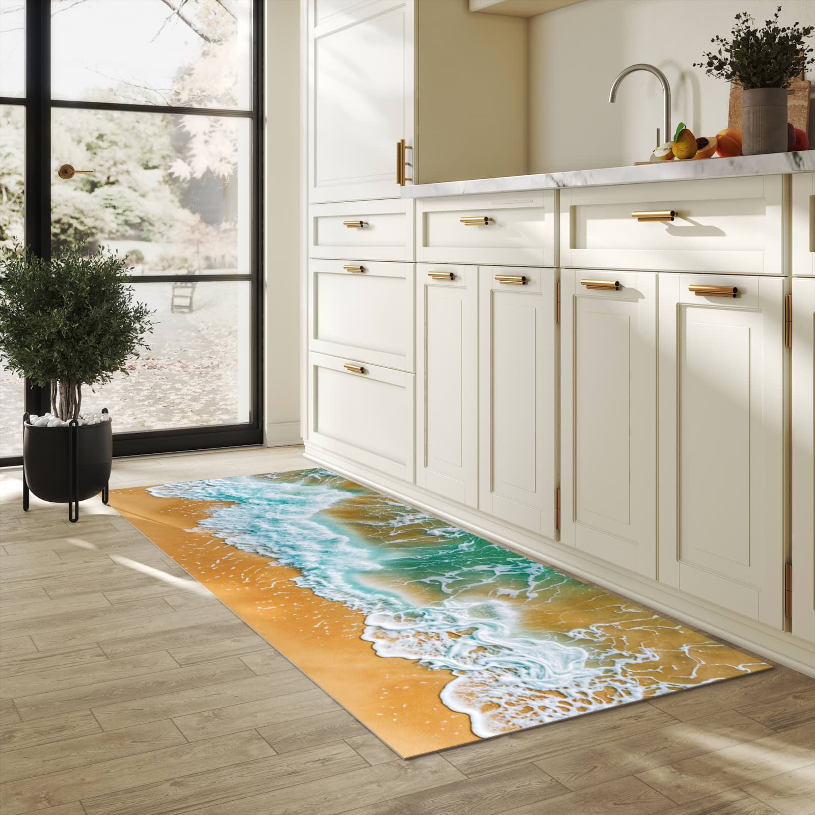 Rutschfester Küchenteppich mit Motiv Meeresbrandung in heller Küche
