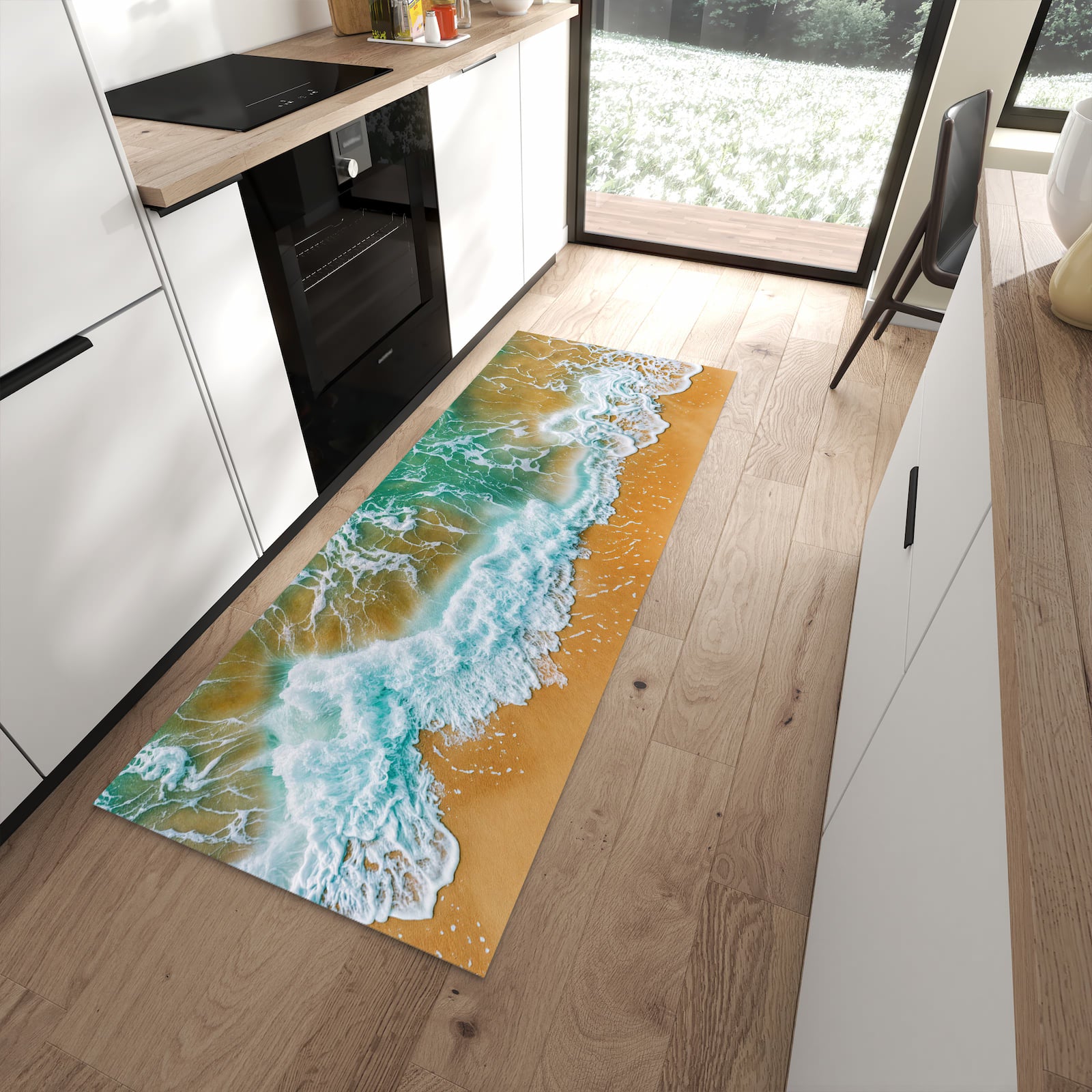 Bodenschonender Küchenläufer nach Maß mit Motiv Meeresbrandung in moderner Küche