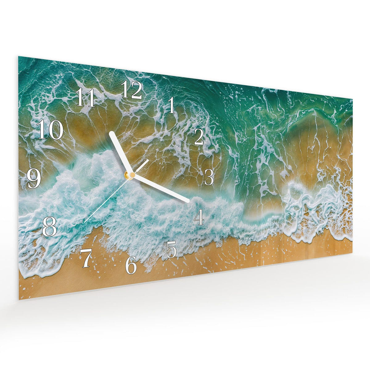 Vormontiert – mit Schwebeeffekt – Wanduhr Meeresbrandung aus Glas – Querformat 60 × 30 cm