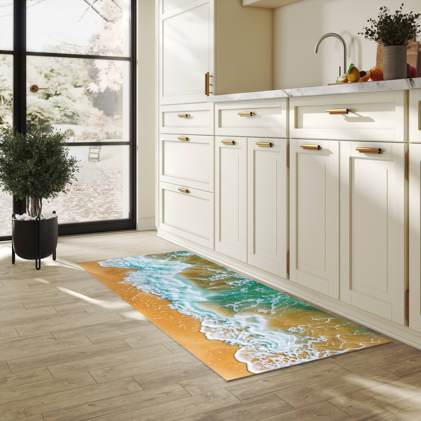 Küchenteppich mit angenehmer Haptik und Motiv Meeresbrandung in heller Küche, waschbar