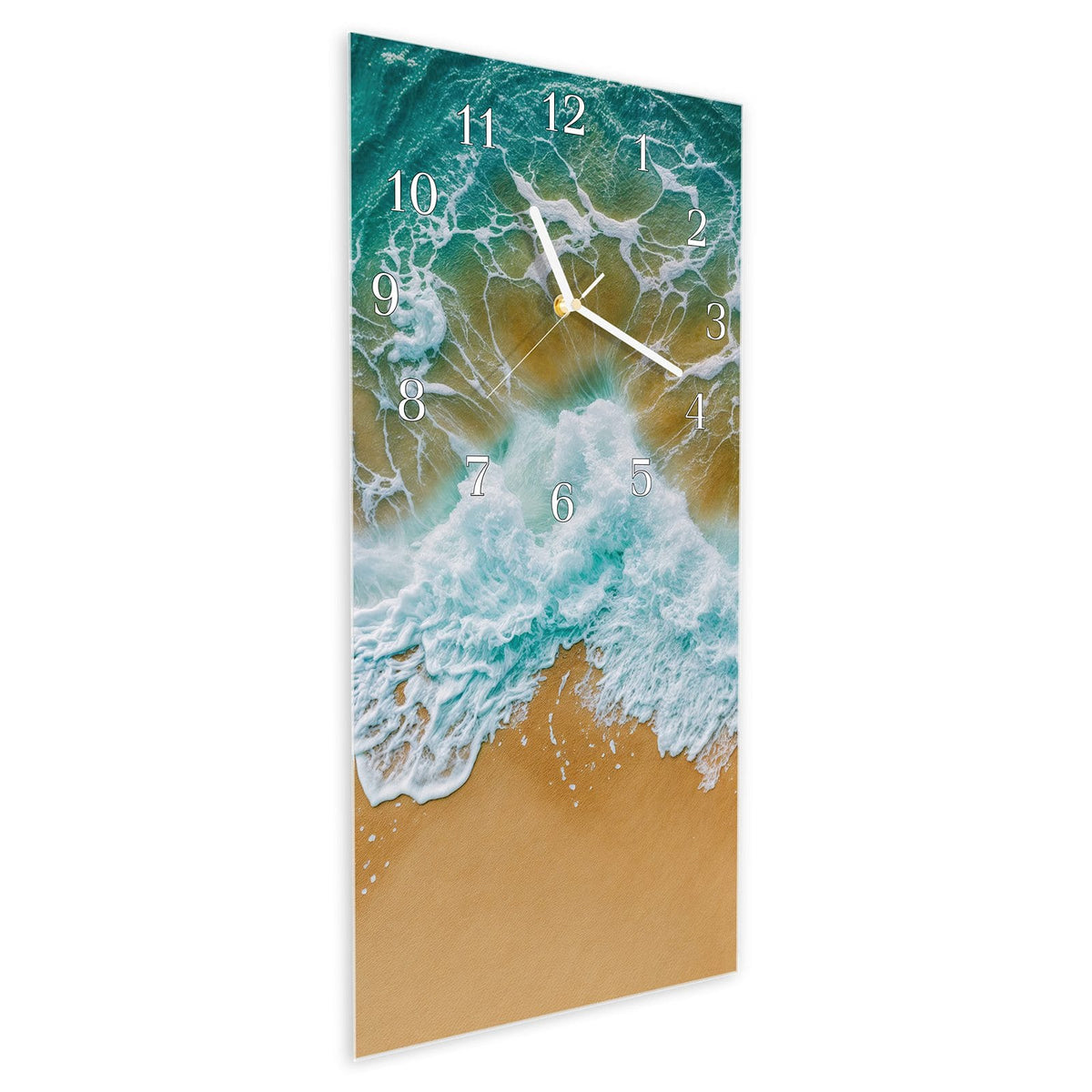 Vormontiert – mit Schwebeeffekt – Wanduhr Meeresbrandung aus Glas – Hochformat 30 × 60 cm