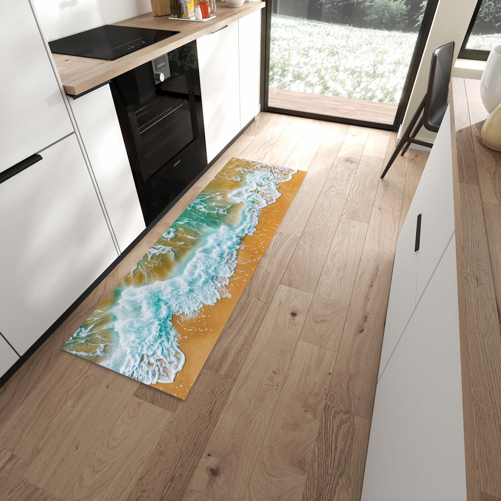 Langlebiger rutschfester Küchenläufer mit Motiv Meeresbrandung in moderner Küche