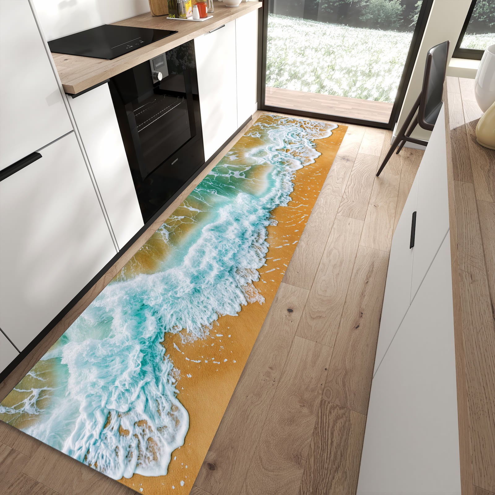 Abwaschbarer Küchenläufer mit Motiv Meeresbrandung in moderner Küche