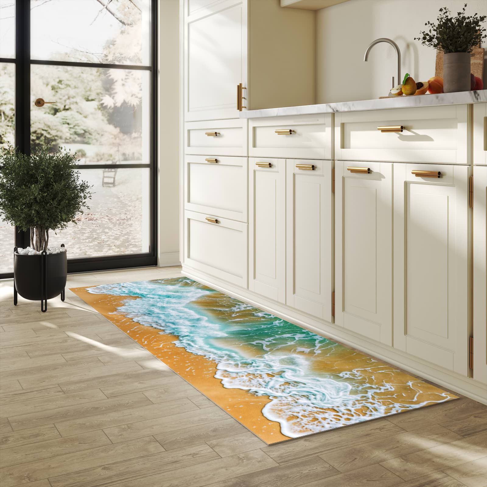 Hygienischer rutschfester Küchenteppich mit Motiv Meeresbrandung in heller Küche