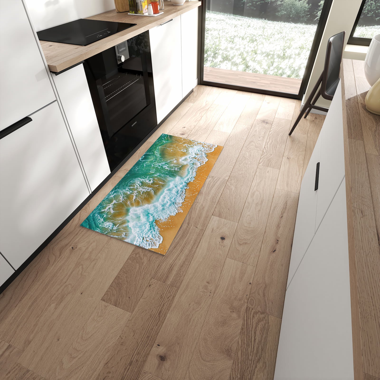 Strapazierfähiger Küchenläufer mit Motiv Meeresbrandung in moderner Küche #grösse_60 x 120 cm