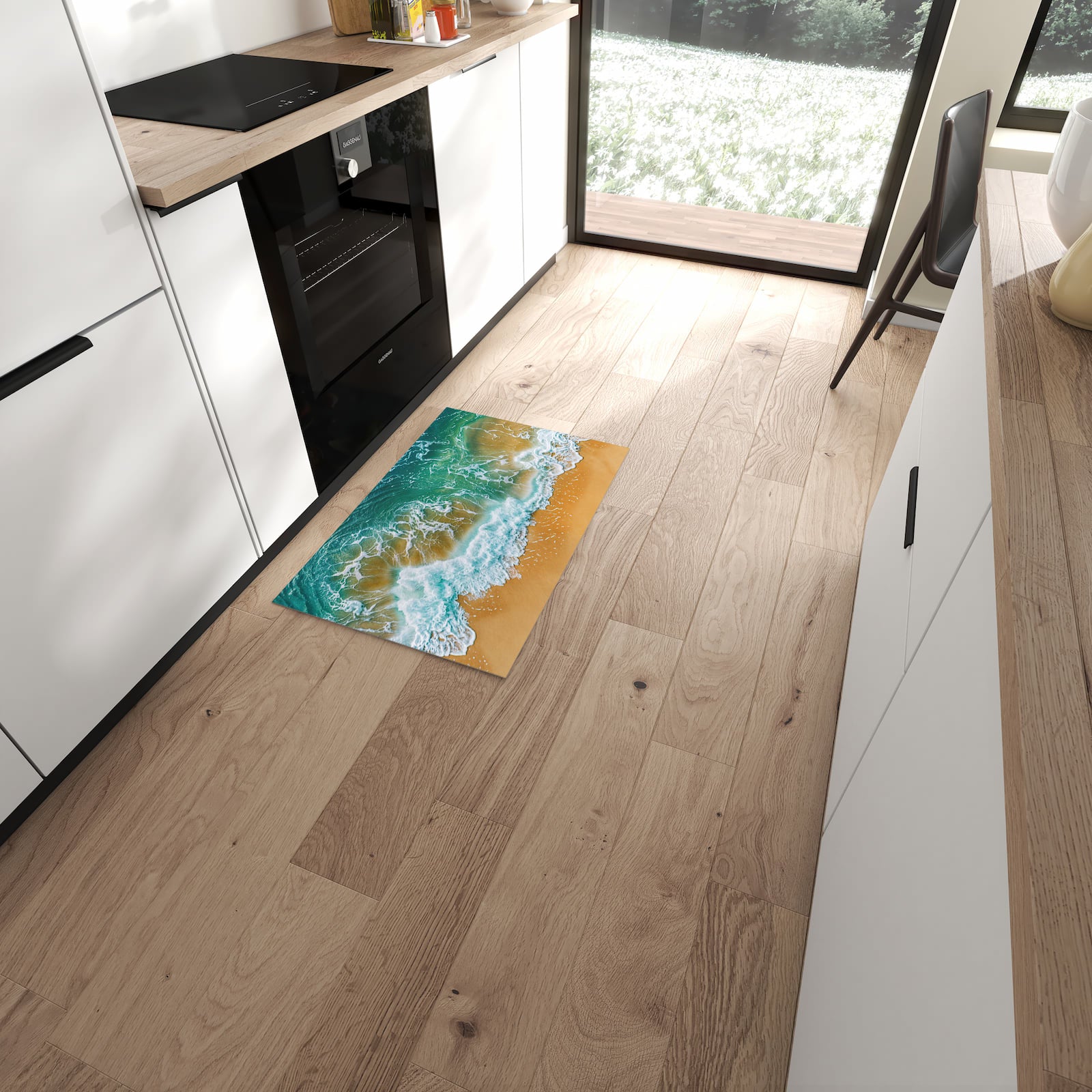 Ordnungsschaffender Küchenläufer mit Motiv Meeresbrandung in moderner Küche