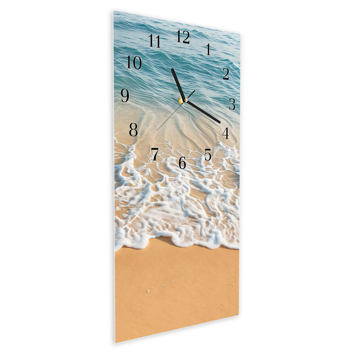 Vormontiert – mit Schwebeeffekt – Wanduhr Wellen am Strand aus Glas – Hochformat 30 × 60 cm