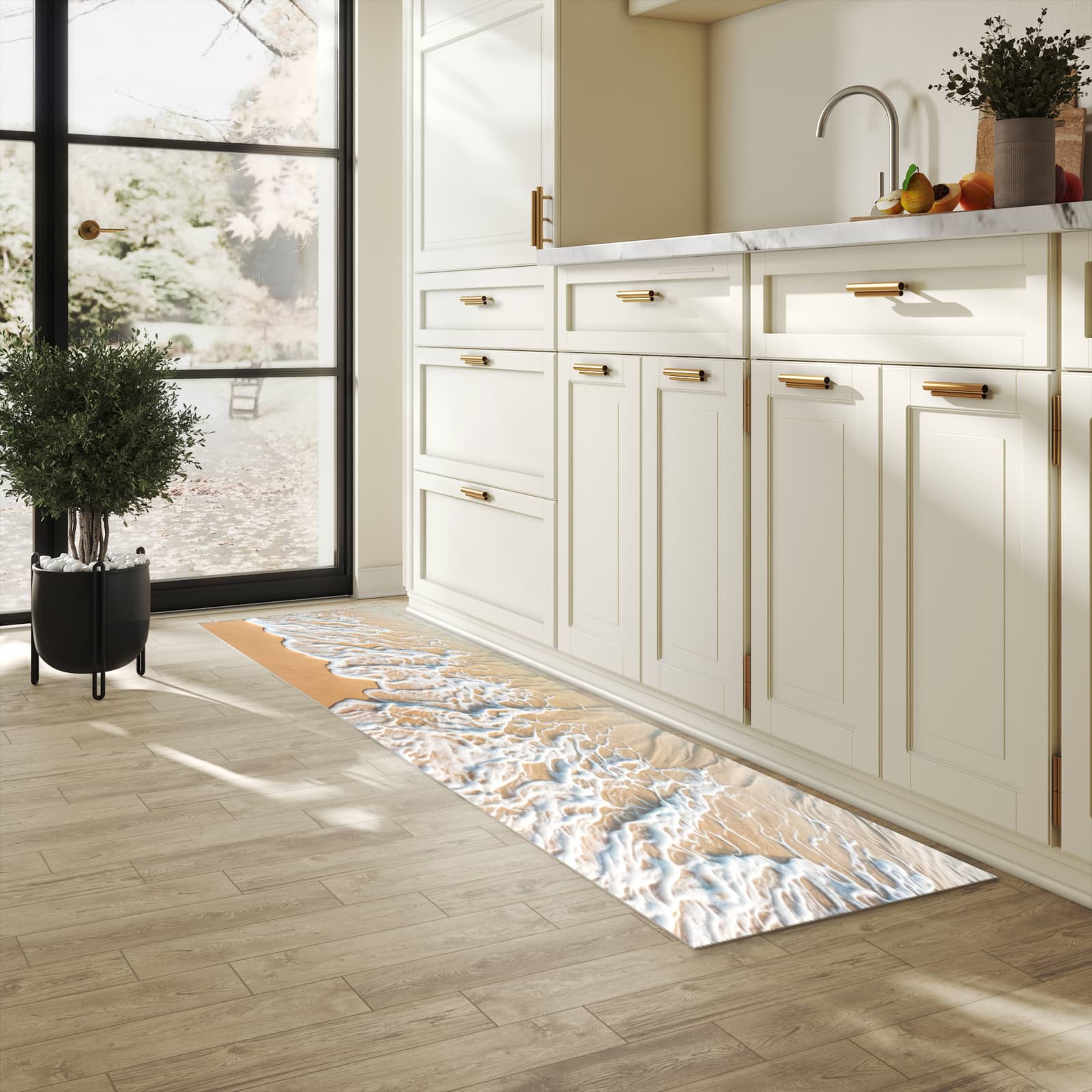 Küchenteppich mit Motiv Wellen am Strand in heller Küche für sicheres Aufbewahren