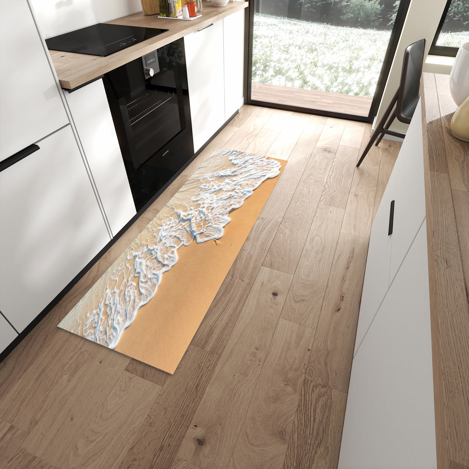 Fleckenresistenter waschbarer Küchenteppich mit Motiv Wellen am Strand in moderner Küche