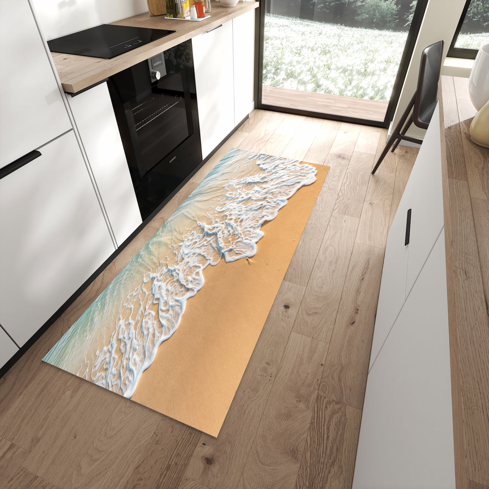 Pflegeleichter waschbarer Küchenteppich mit Motiv Wellen am Strand in moderner Küche