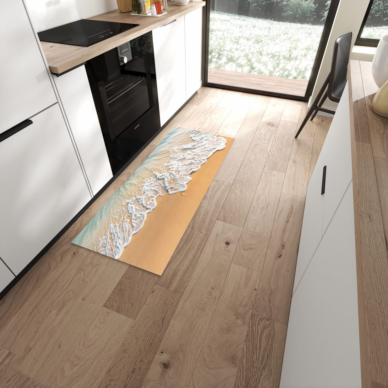 Wasserabweisender Küchenteppich mit Motiv Wellen am Strand in moderner Küche #grösse_60 x 150 cm