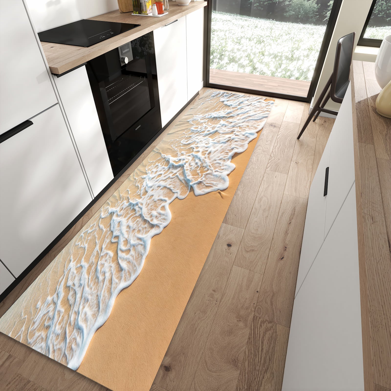 Waschbarer Küchenteppich mit Motiv Wellen am Strand in moderner Küche