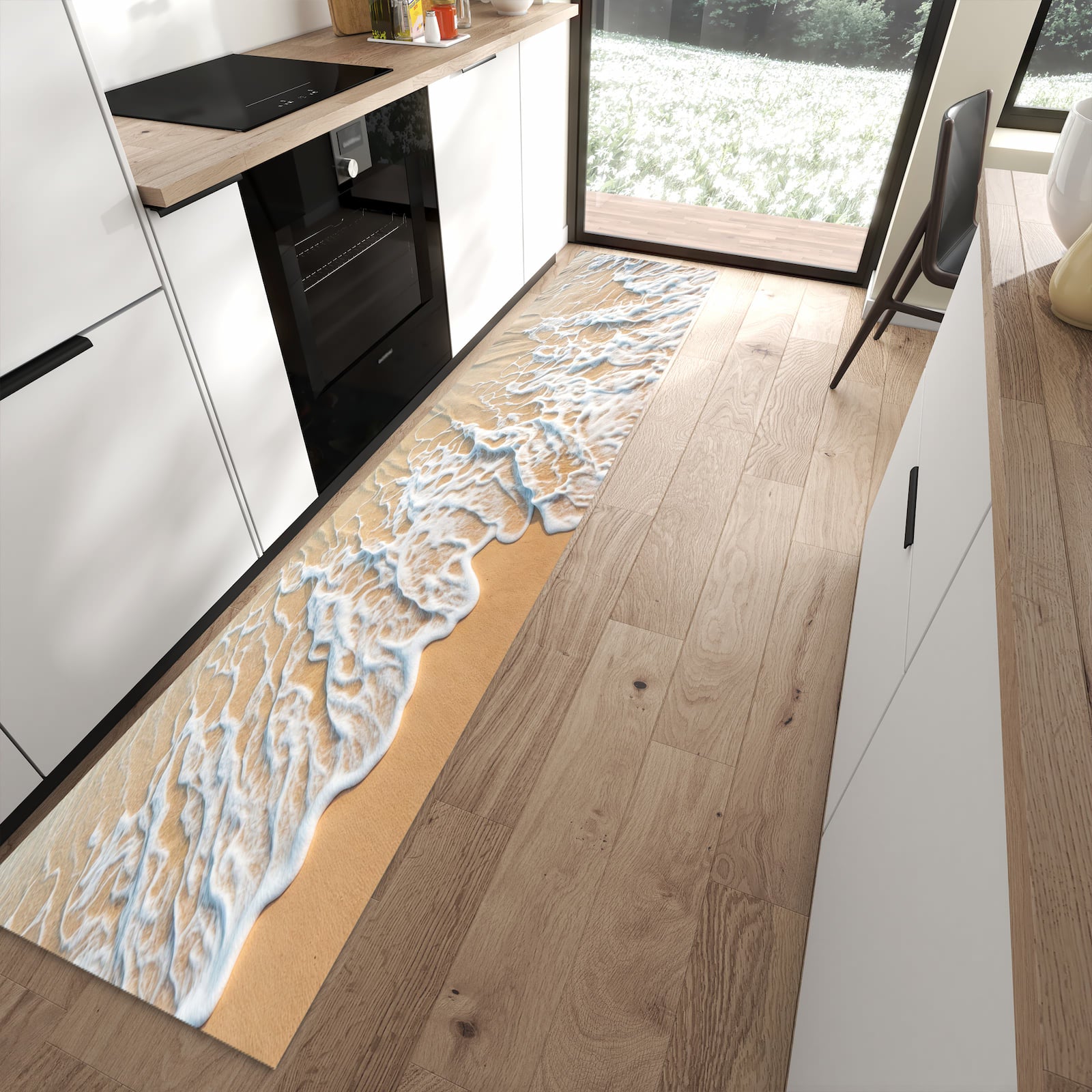 Langlebiger Küchenteppich mit Motiv Wellen am Strand in moderner Küche