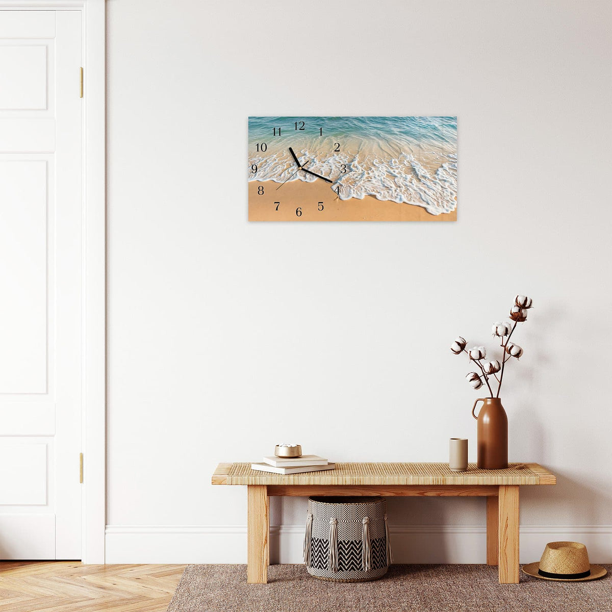 Moderne Wanduhr aus Glas mit Farbtiefe – Wanduhr Wellen am Strand aus Glas – Querformat 60 × 30 cm