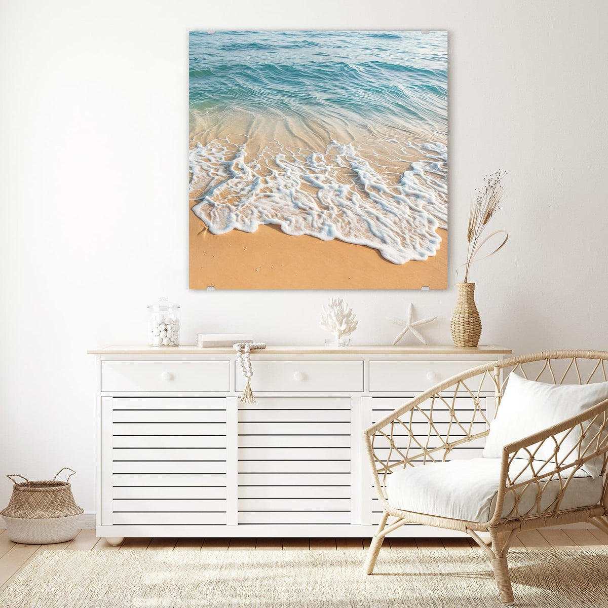 Echtglas, 4 mm – kein Acryl, keine Folie – Wandbild - Wellen am Strand - Quadratisch