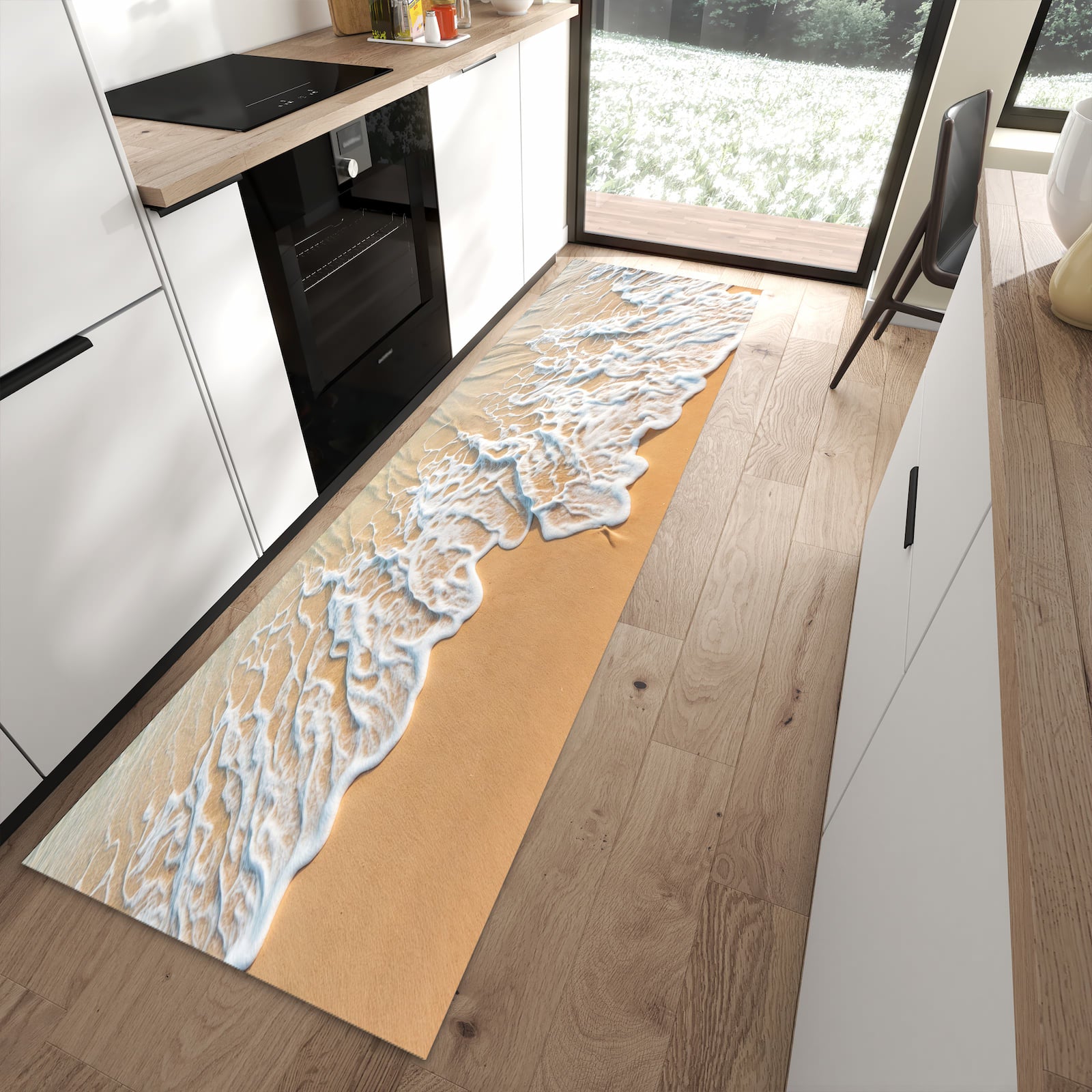 Rutschfester Küchenteppich mit Motiv Wellen am Strand in moderner Küche