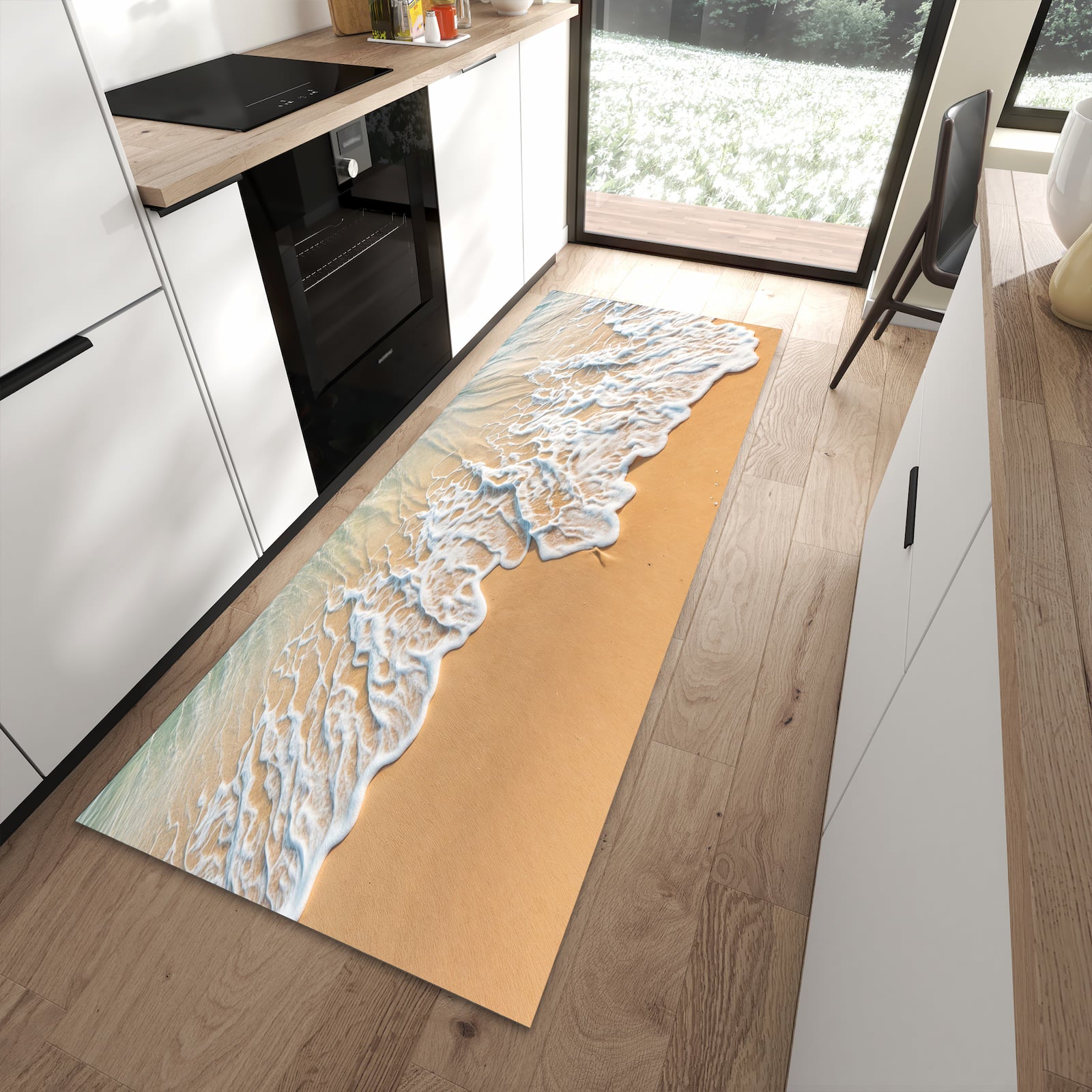 Hygienischer Küchenläufer mit Motiv Wellen am Strand in moderner Küche