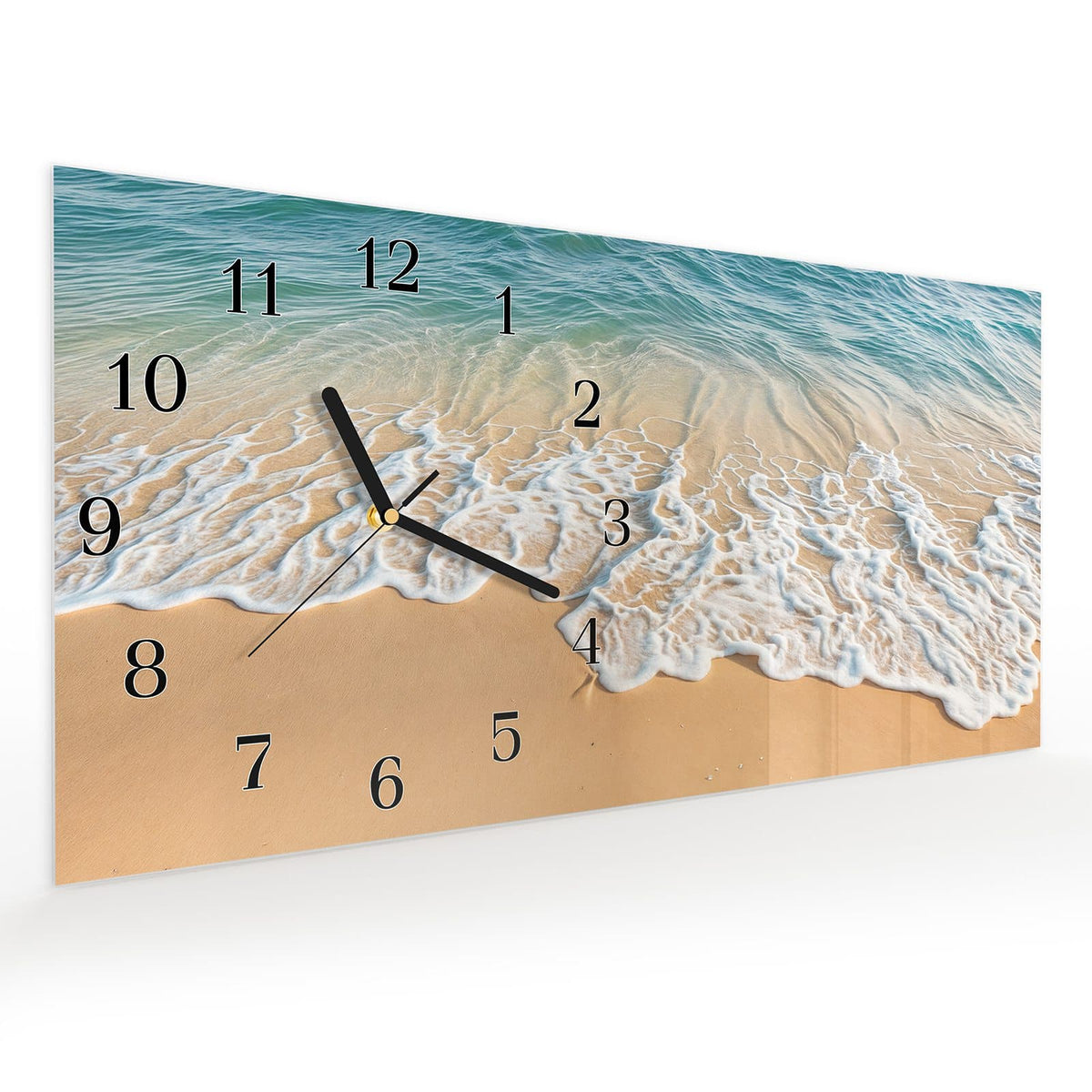 Vormontiert – mit Schwebeeffekt – Wanduhr Wellen am Strand aus Glas – Querformat 60 × 30 cm