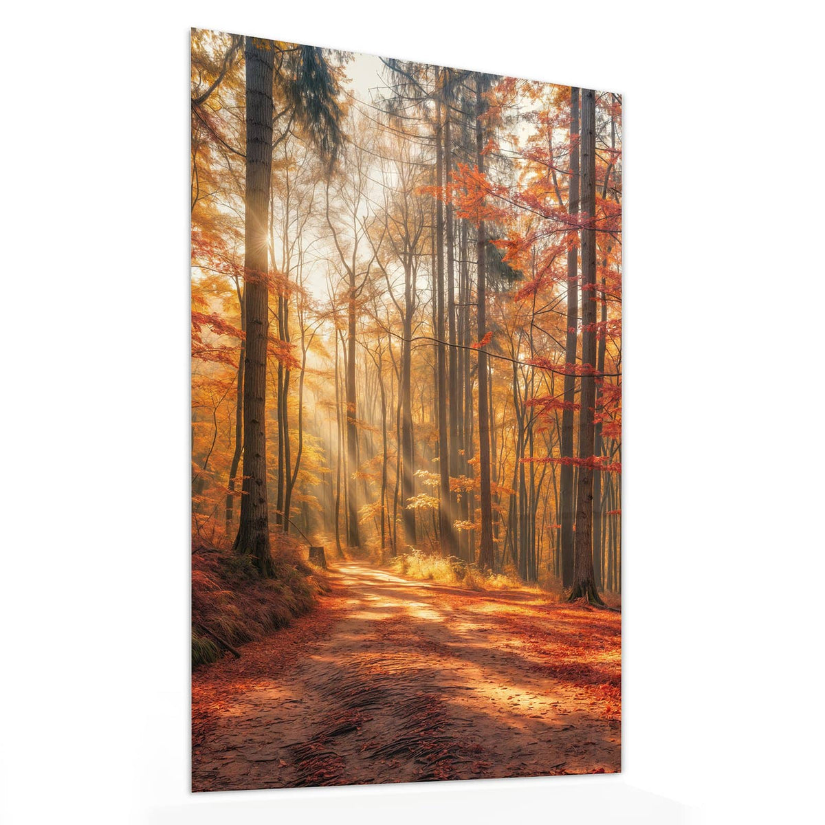 11 Größen – von 30 × 60 bis 60 × 150 cm – Wandbild - Waldweg im Herbstlicht - Hochformat