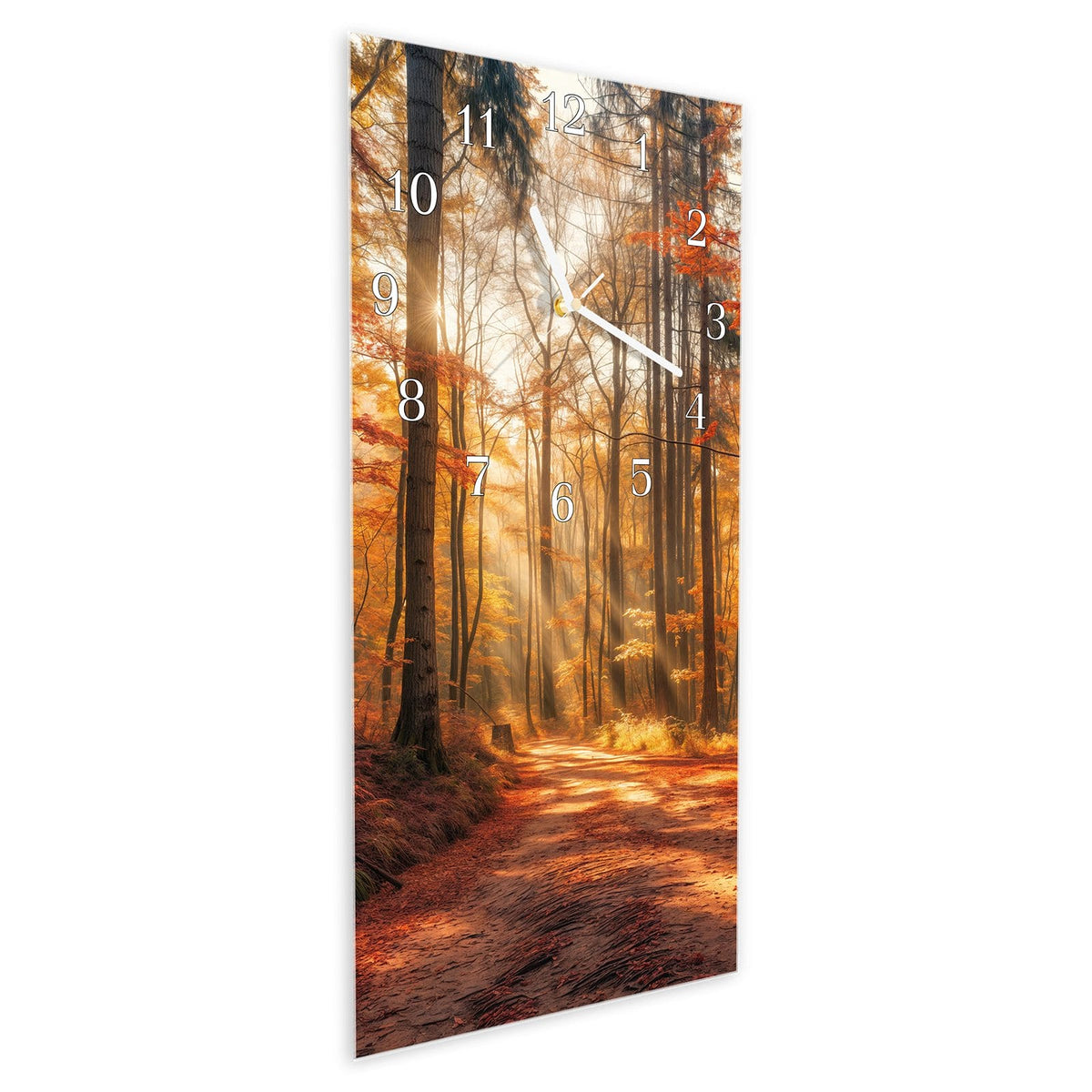 Vormontiert – mit Schwebeeffekt – Wanduhr Herbstlicher Waldweg aus Glas – Hochformat 30 × 60 cm