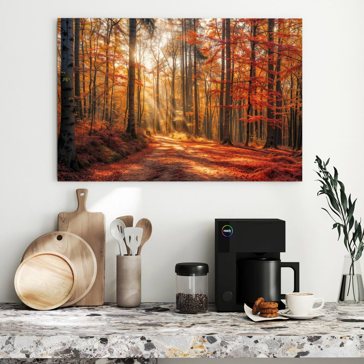 Metall Magnettafel - Waldweg im Herbstlicht – Laubbedeckter Weg im Sonnenlicht