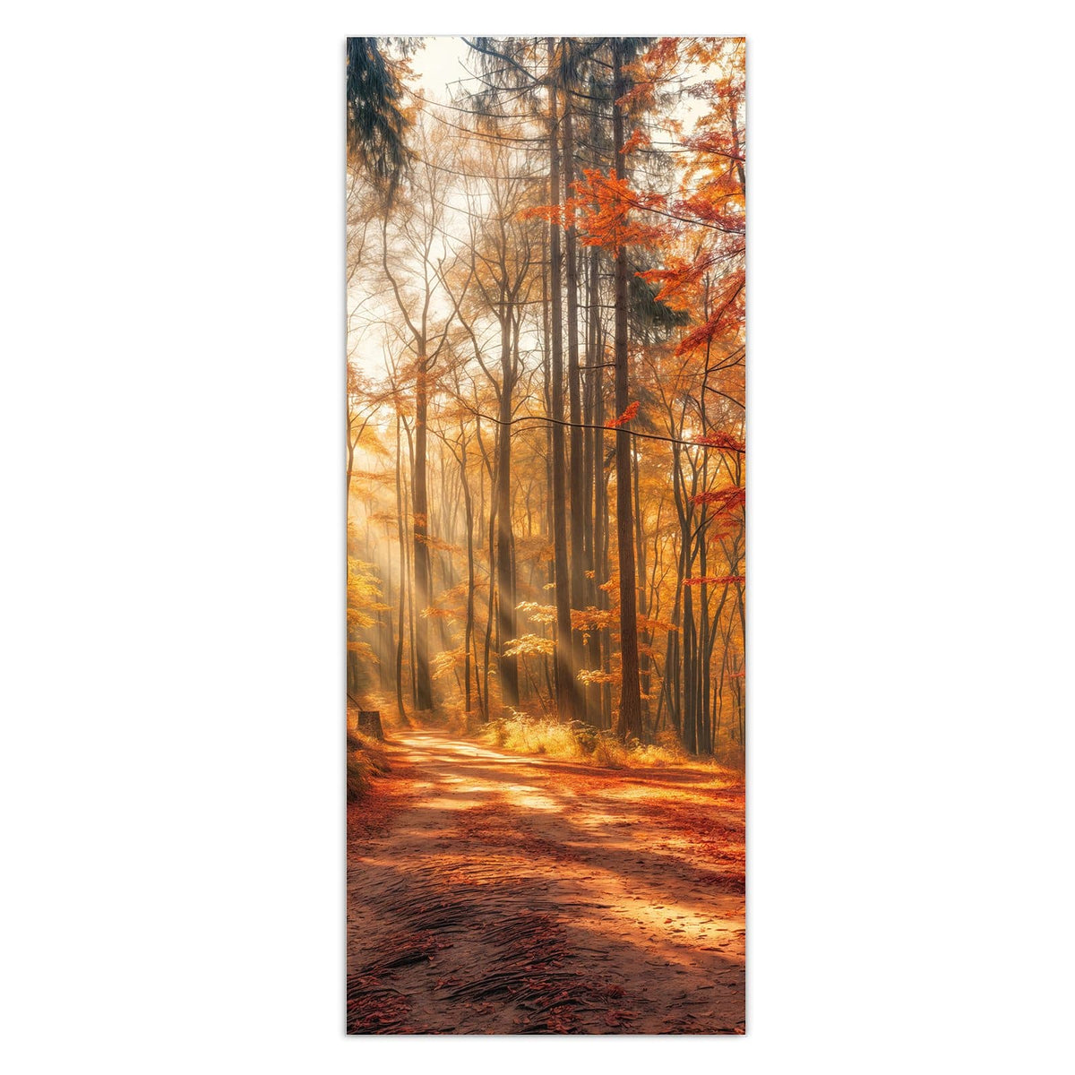 Wandbild - Waldweg im Herbstlicht - Hochformat – Laubbedeckter Weg im Sonnenlicht