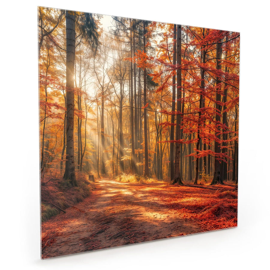 Maße Küchenrückwand Waldweg im Herbstlicht aus Glas
