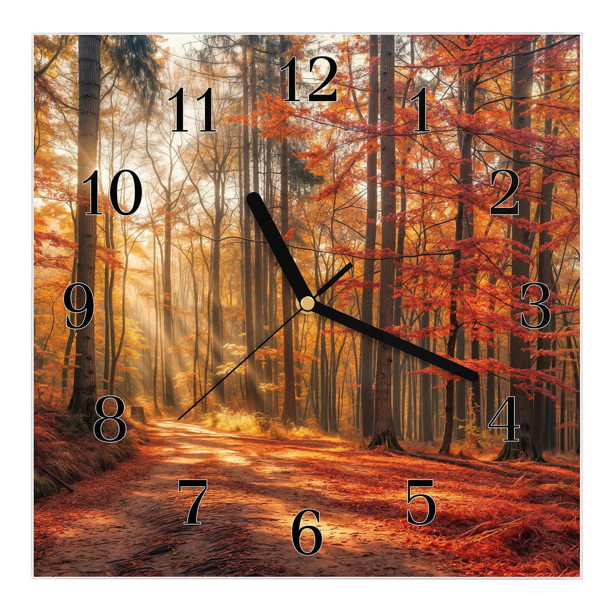 Wanduhr aus Glas, Ziffernblatt Klassisch mit Motiv Waldweg im Herbstlicht: Laubbedeckter Waldweg, Sonnenstrahlen fallen schräg durch rotgoldene Buchen